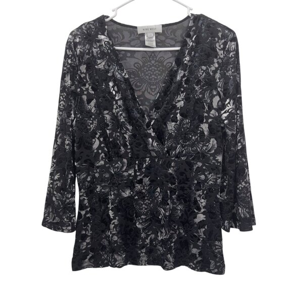 Vintage Y2k Nine West Black-Silver Floral Velvet Stretch Blouse SZ Large - Picture 2 of 12